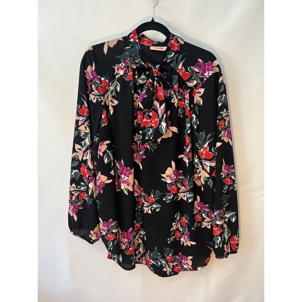 PLUS SIZE EVRI FLORAL TIE NECK BLOUSE WOMENS SIZE 1X EUC